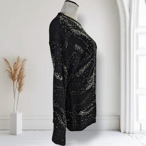 Vintage 90s IB Diffusion Beaded Flames Sweater Size M Black Silk Angora - Picture 4 of 13